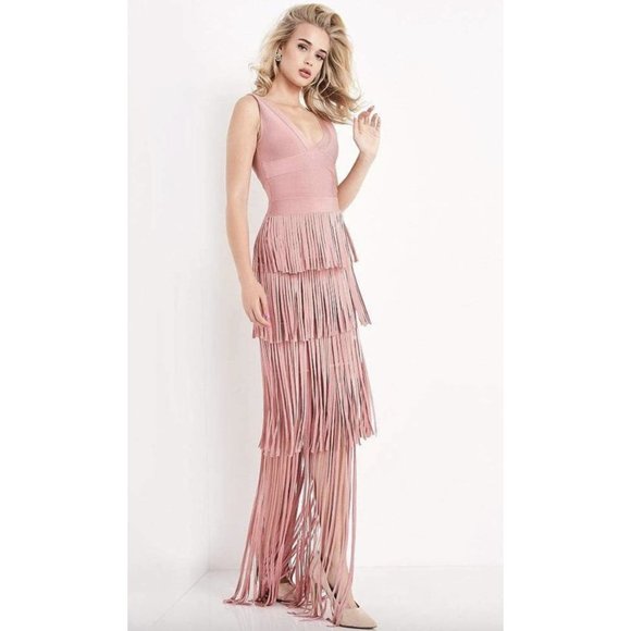 JOVANI - JVN04784 FRINGE V NECK SHEATH DRESS - Picture 1 of 9